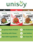 Unisoy Plant Based Jerky  High Protein Plant Based Vegan Jerky Snacks  Sustainable NonGMO Low Sodium Vegan Food with a Classic Jerky Taste  Black Pepper Teriyaki and Hot  Spicy 3Pack