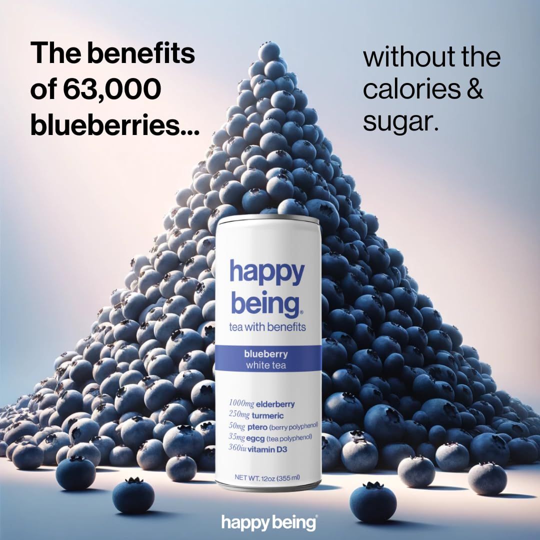 Happy Being NutrientRich Organic Blueberry White Tea  Infused with Turmeric Elderberry Vitamin D3 Caffeine Free PlantBased Low Calorie  Low Sugar Drinks 12oz 4 Pack