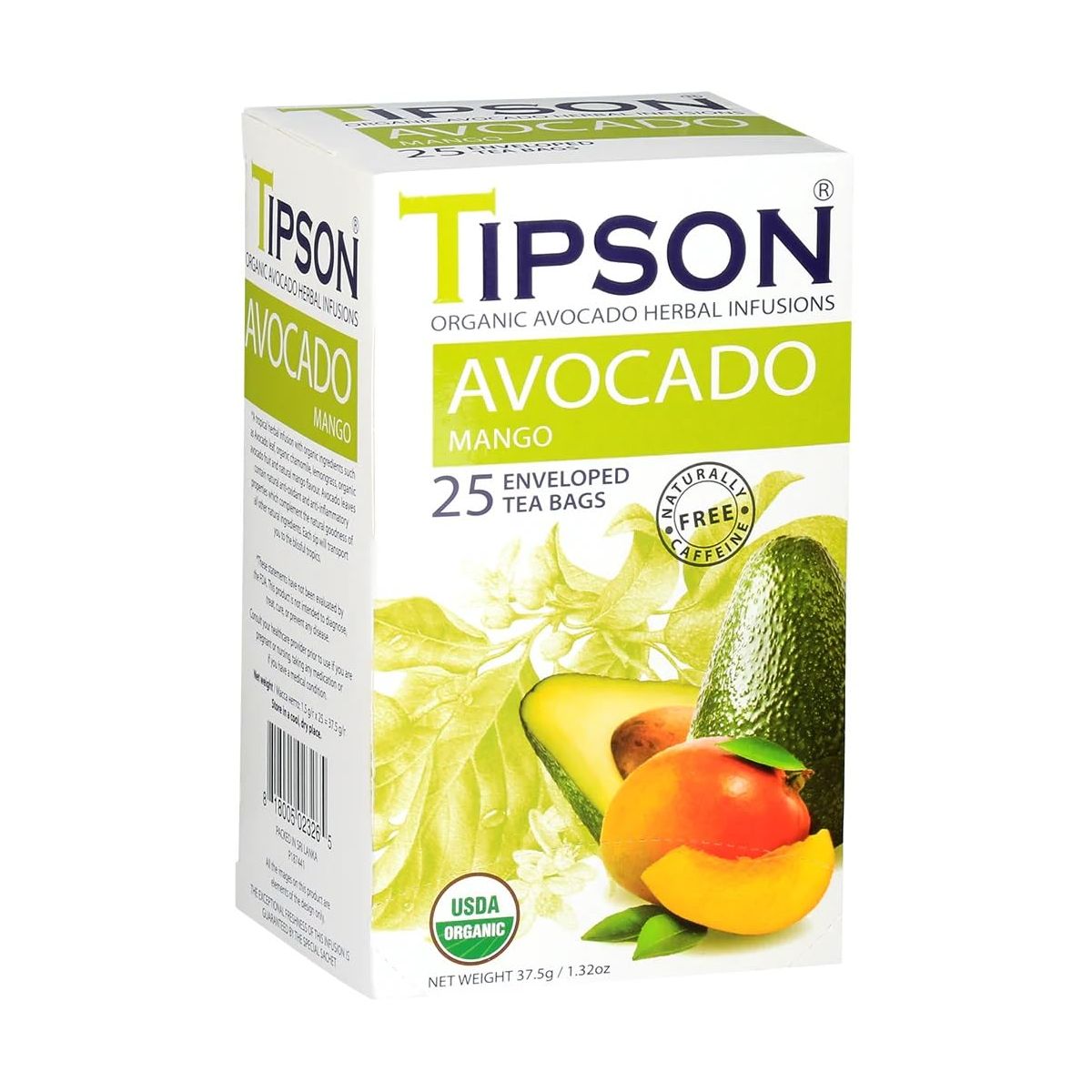 Tipson Organic Avocado Herbal Infusions  Avocado Mango  Caffeine Free Non GMO Gluten Free Kosher  25 Tea Bags Pack of 1