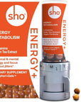 SHO Energy+ Vegan Energy and Focus Supplements with Green Tea Extract, Vitamin B Complex, and Caffeine | Natural Energy Booster for Women & Men Without Crash & Jitters, 60 Energy Pills Refill Bottle