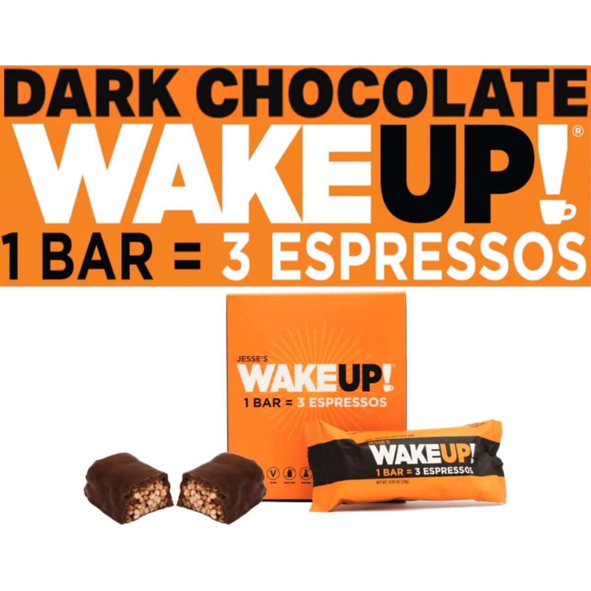 WAKE UP Caffeinated Chocolate Protein Bars Gluten Free Vegan 350mg of Caffeine Energy Kosher to help Boost Focus and Clarity 1 Bar  3 Espressos 6 Pack