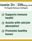 Nature's Bounty Vitamin D for Immune Support and Promotes Healthy Bones, 10000IU, Softgels, Multi-Color, 10,000 IU, 72 Count (Pack of 1)