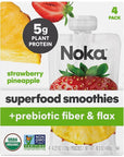 Noka Superfood Smoothie Pouches Strawberry Pineapple 4 Pack with Plant Protein Prebiotic Fiber  Flax Seed Organic Gluten Free Vegan Healthy Fruit Squeeze Snack Pack 422oz Ea