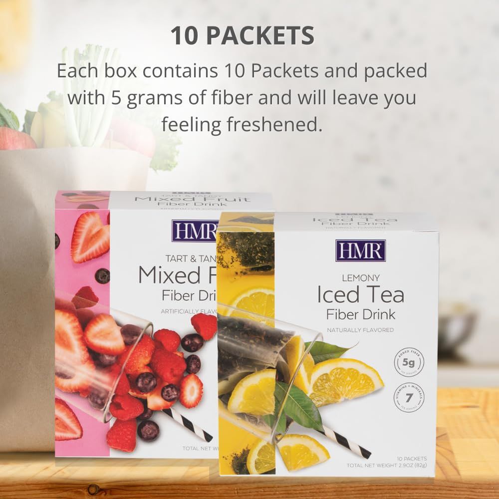 HMR Lemony Iced Tea Plus Tart and Tangy Mixed Fruit Fiber Drinks Supports Digestive Health and Regularity Daily Fiber Supplement Powder GlutenFree Twin Pack 10 Packets per Flavor Box