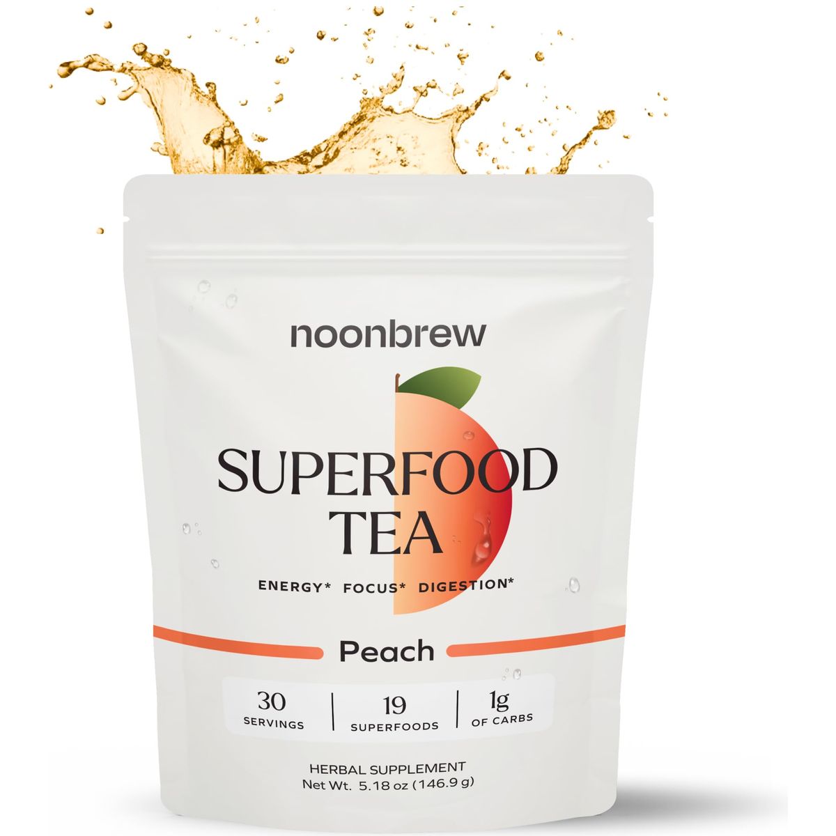 NoonBrew Adaptogenic Peach Oolong Mushroom Tea Powder Natural Energy Drink  Boosts Energy Focus  Mood  19 Superfoods  Keto Vegan Friendly  Enjoy Hot or Cold  30 Servings