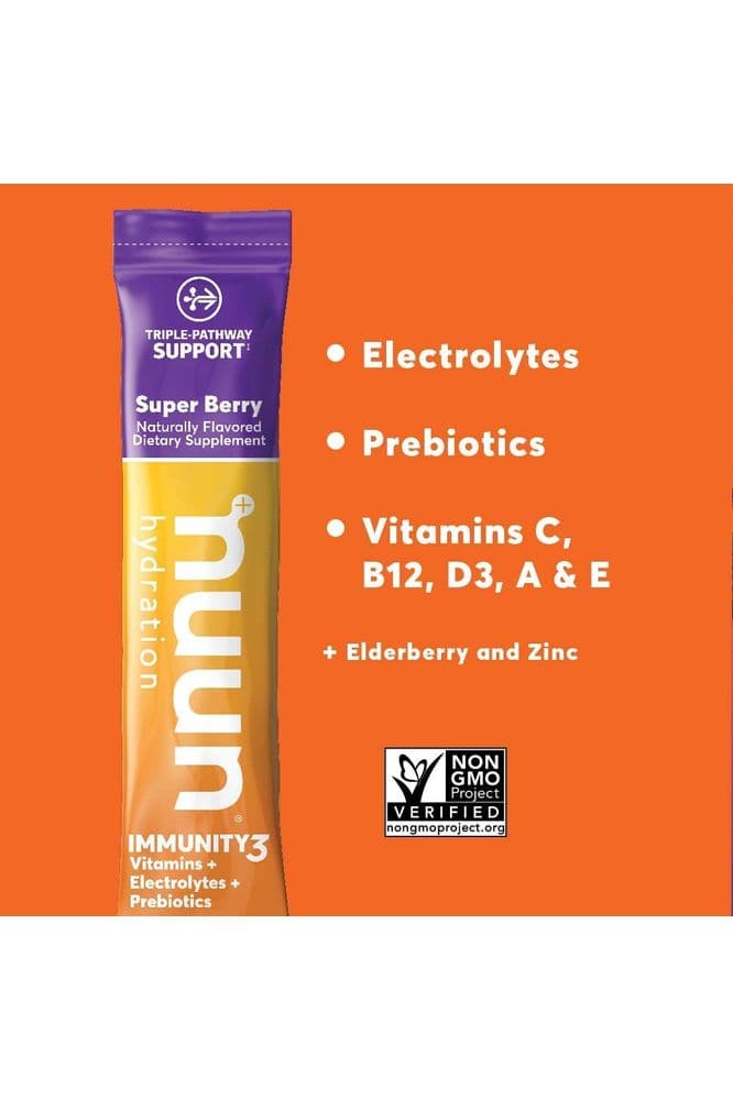 Nuun Immunity3 Electrolyte Powder Elderberry Vitamins Prebiotics Zinc, Super Berry, 12g (Pack of 14)