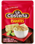 La Costena Esquites la Costeña Pouch 400 gr  made with 100 natural corn and seasoned with the traditional Mexican flavor Ideal to share with the family in their practical presentation