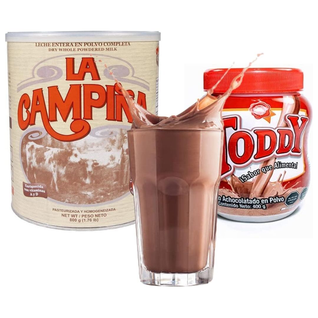 Toddy Chocolate  Leche La Campiña Venezuela Beverage Bundle Powder Drink Mix Variety Pack Instant Powdered Milk And Chocolate Powder Drink Mix Breakfast Shake with Vitamins and Proteins Instant Hot and Cold Beverage for Kids  Adults