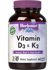 Bluebonnet Nutrition Vitamin D3 & K2, Soy-Free, for Strong-Healthy Bones*, Gluten-Free, Non-GMO, Dairy-Free, Kosher Certified, Vegetarian, 60 Vegetable Capsules, 60 Servings