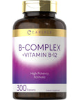 Carlyle B Complex Vitamin with B12 | 300 Tablets | High Potency Formula | Vegetarian and Non-GMO Supplement