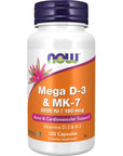 NOW Supplements, Mega D-3 & MK-7, 5000 IU / 180 mcg, Bone & Cardiovascular Support*, Vitamins K-3 & K-2, 120 Capsules