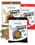 Unisoy Plant Based Jerky  High Protein Plant Based Vegan Jerky Snacks  Sustainable NonGMO Low Sodium Vegan Food with a Classic Jerky Taste  Black Pepper Teriyaki and Hot  Spicy 3Pack