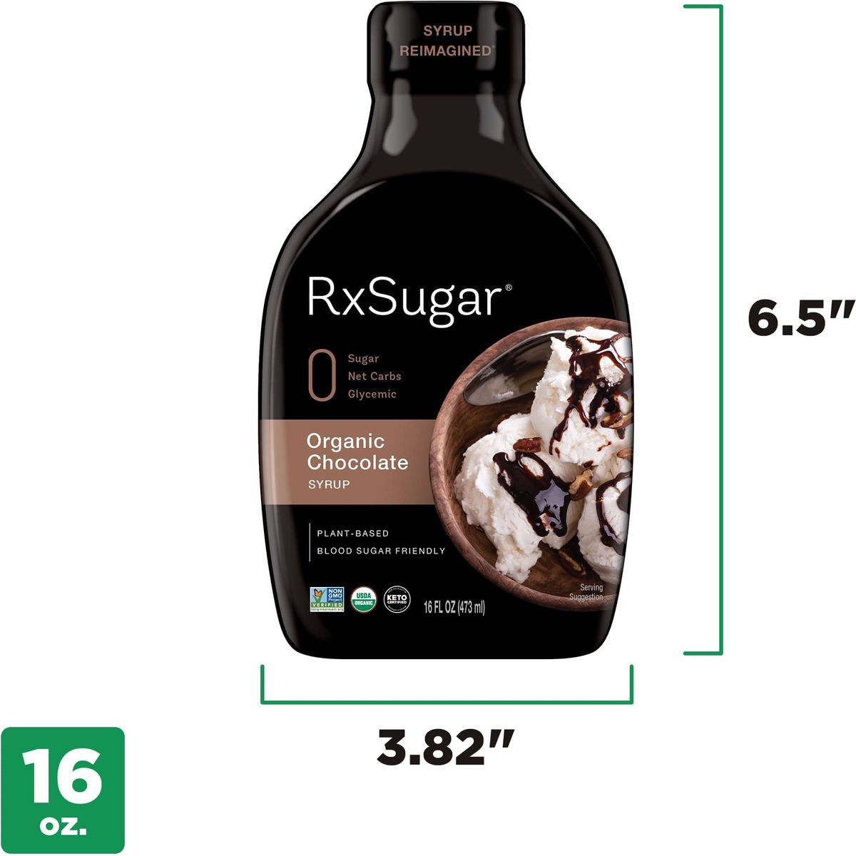 RxSugar Delicious PlantBased Organic Chocolate Syrup 16 oz  Allulose Sweetener  0 Sugar 0 Net Carbs 0 Glycemic  DiabetesSafe  Keto Certified  NonGMO Project Verified  GlutenFree Certified