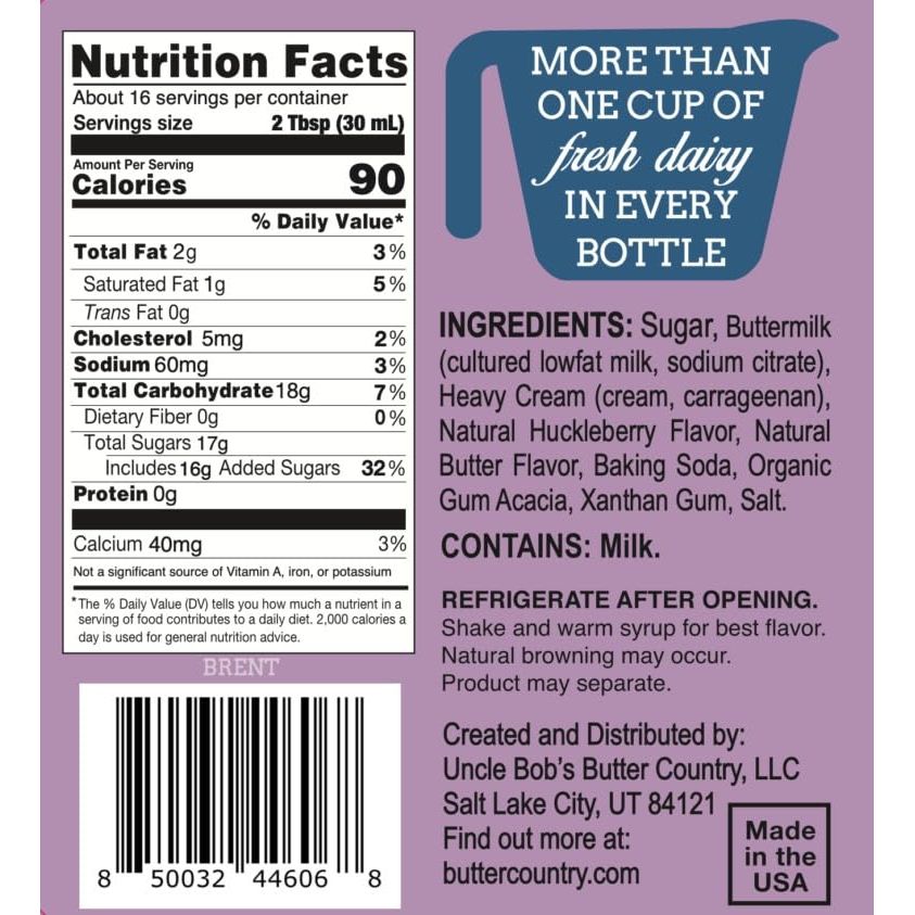 BUTTER COUNTRY Rich  Creamy Buttermilk Syrup  Huckleberry Cream Flavor  No Artificial Flavors No Corn Syrup GlutenFree rBSTFree Dairy  Syrup for Pancakes Waffles  Desserts  16 fl oz1 Pack