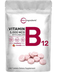 Micro Ingredients Vitamin B12 5000mcg | Methyl B12 Active Form - 240 Chewable Tablets | Fast Dissolve, Natural Strawberry Flavor, Support Energy, Metabolism Health | Vegan, Non-GMO, & No Glute