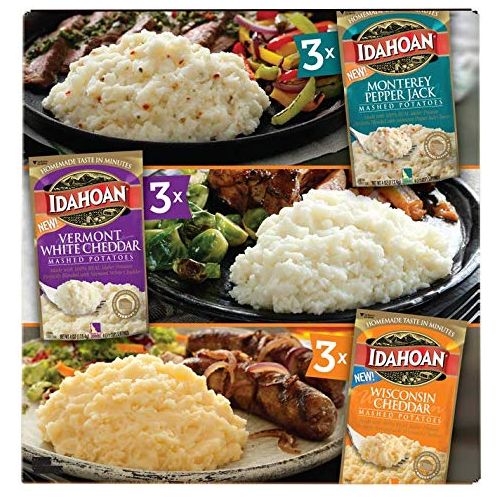 Idahoan Variety Pack featuring Vermont White Cheddar Wisconsin Cheddar and Monterey Pepper Jack Mashed Potatoes Cheese Across America Pack of 9 Pouches 4 servings each