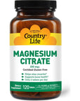 Country Life Magnesium Citrate 250mg, 120 Tablets, Certified Gluten Free, Certified Vegan, Non-GMO Verified, Certified Halal