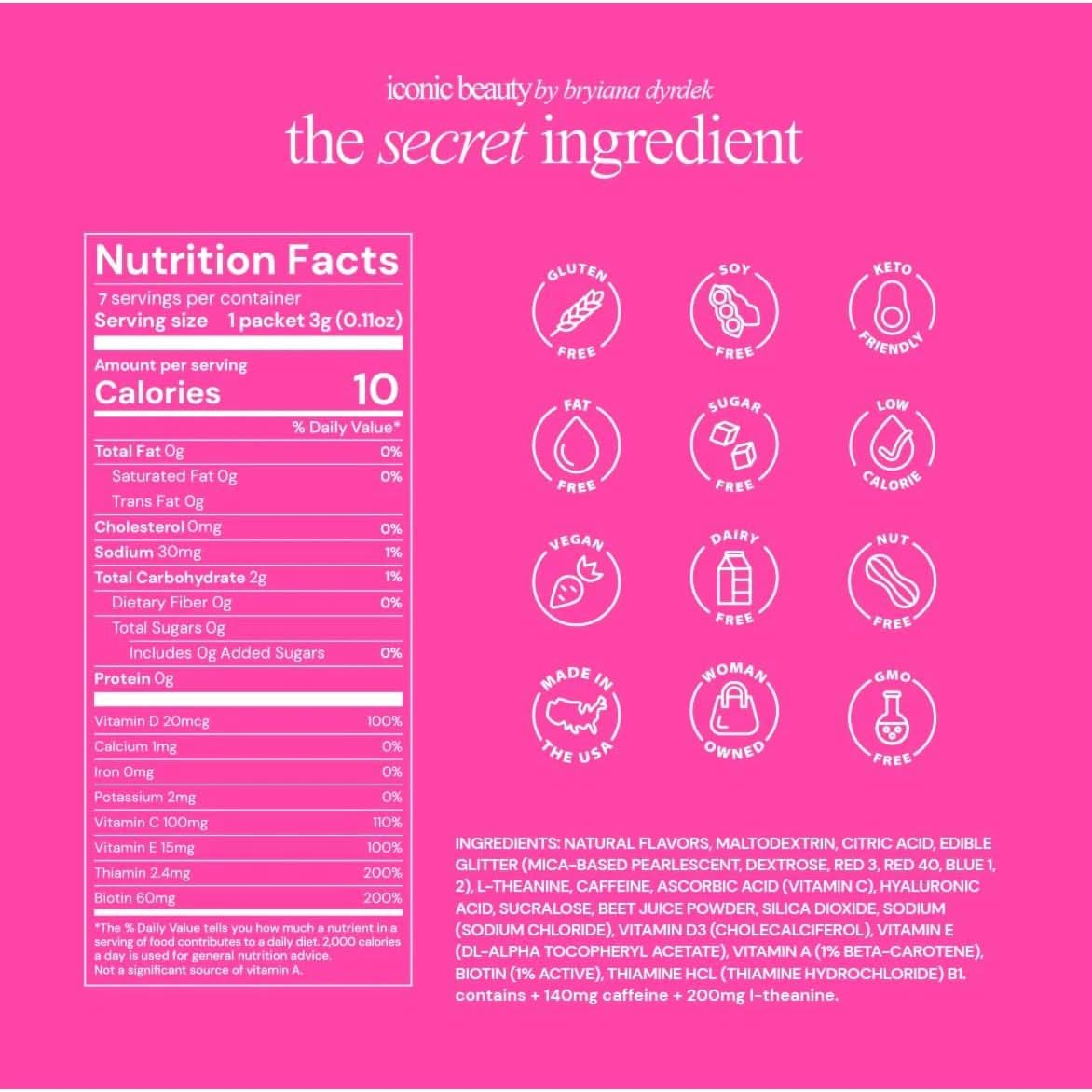 The Secret Ingredient Nootropic Boosted Beauty Elixir  Water Enhancer Pink Drink Mix Packets  Mind  Focus  Hair Skin  Nails  Strawberry Lemonade wEdible Glitter  Natural Caffeine Sugar Free