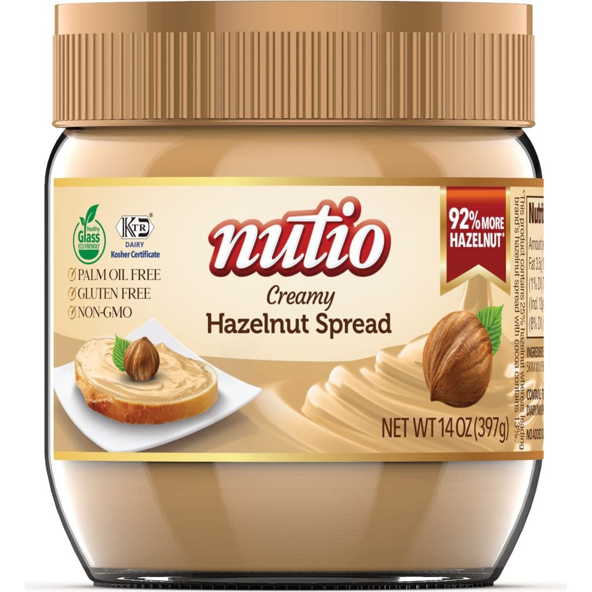 Nutio Creamy Hazelnut Spread  92 More Hazelnut 37 Less Added Sugar Palm Oil Free Gluten Free NonGMO Cocoa Free Peanut Free  14 oz Glass Jar