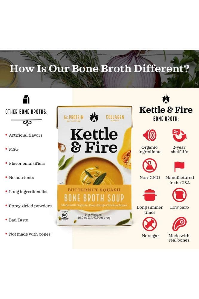 Butternut Squash Chicken Bone Broth Soup by Kettle and Fire, Pack of 4, Gluten Free Collagen Soup on the Go, Paleo, 9 g of protein, 16.2 fl oz