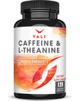 VALI Caffeine 50mg & L Theanine 100mg - Caffeine Pills & L-Theanine for Smart Smooth Energy & Focus Supplement. Nootropic Brain Booster Cognitive Support Stack & Focused Clarity. 120 Veggie Capsules