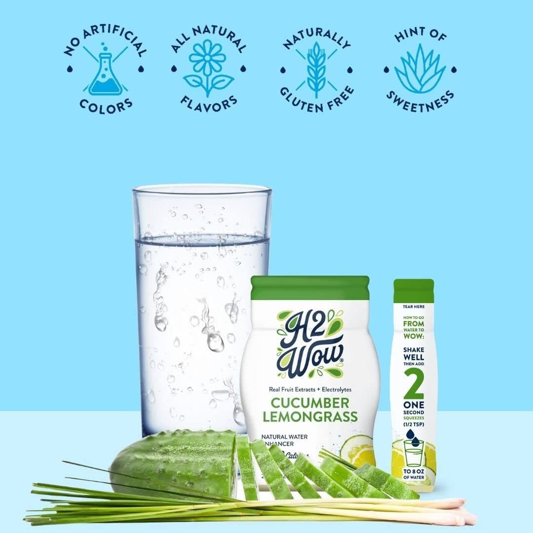 H2wOw Water Enhancer Drops  ORGANIC  Natural Extracts of Real Fruit  a Hint of Organic Stevia  Makes 768 oz of Delicious Cucumber Lemongrass Flavored Water