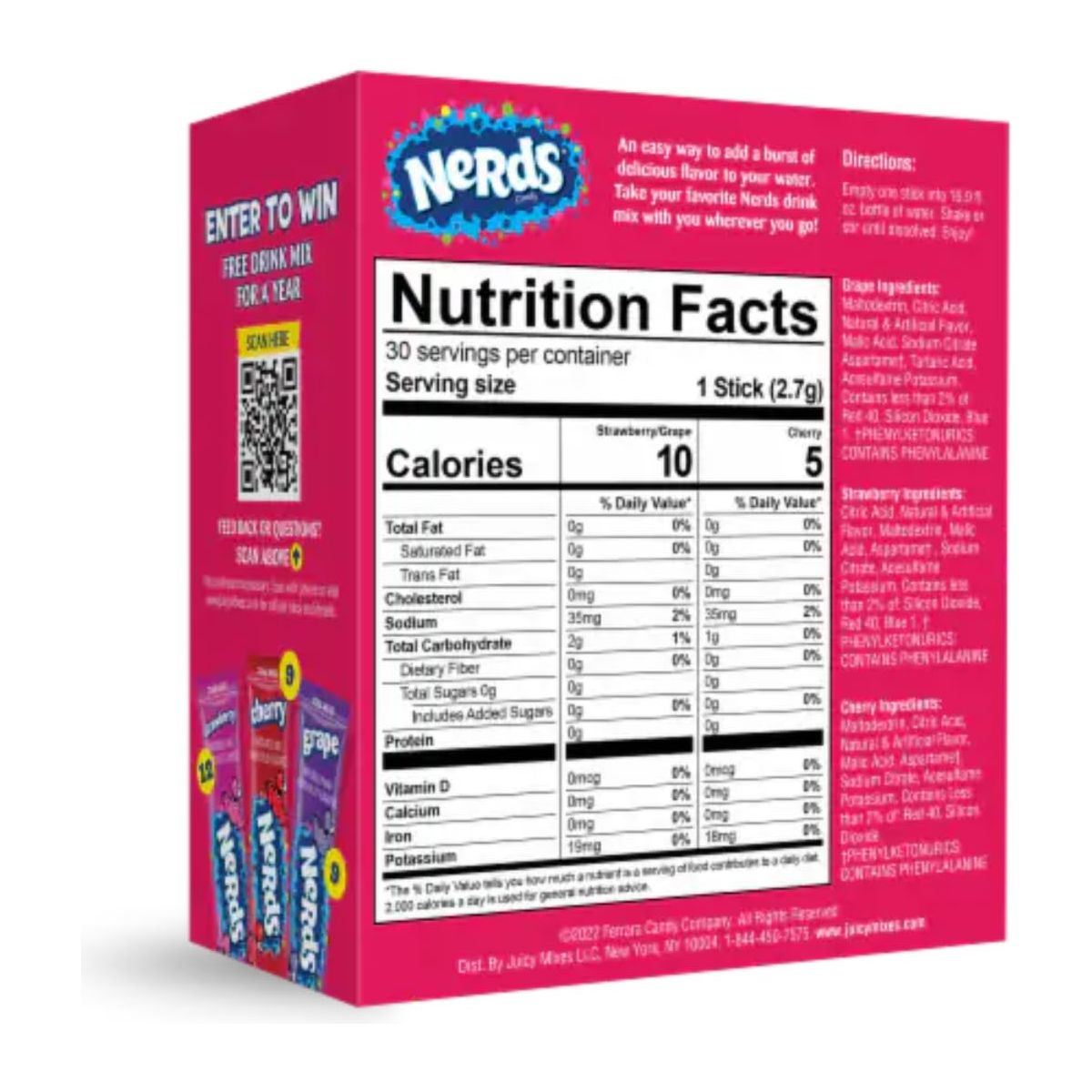 Nerds Sugar Free Variety Pack Strawberry Grape and Cherry Drink Mixes on the Go 30 sticks  Pack of 2 60 sticks in total