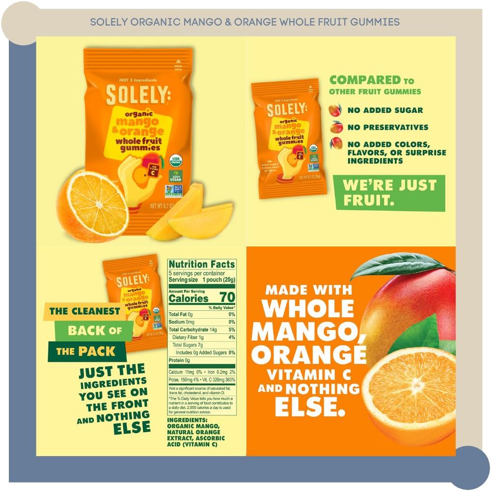 Solely Fruit Gummies Variety Pack of 3 Bundle  1 of each flavor Organic Mango Mango and Orange Mango and Guava 105 oz total No Added Sugar Vegan Organic Whole Dried Fruit Snacks