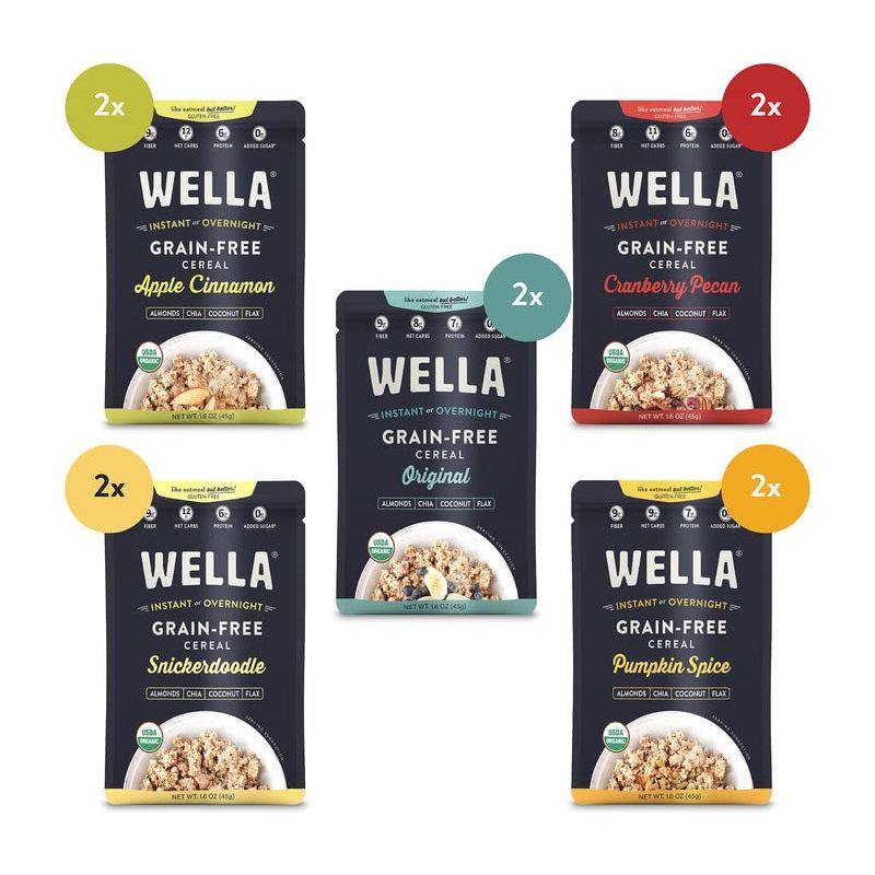 Wella Cereal Oatmeal Alternative GlutenFree Breakfast Hot Cereal GrainFree Paleo Organic Vegan High Protein Superfood PlantBased NonGMO Low in Net Carbs SingleServe Packets Flavor Variety Sampler 10 Count 2 of Each Flavor 16 oz Packets