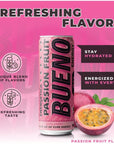 Bueno Energy Drink Passion Fruit Flavor 12oz Made With Real Cane Sugar 12 Pack  Great Taste No Jitters Long Lasting Energy With Healthy Ginseng  Real Sugar All Natural Flavor  No Artificial Sweeteners Passion Fruit