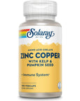 Solaray Zinc Copper Supplement, Bioavailable Amino Acid Chelate, Immune Support, Heart Health and Thyroid Support with Iodine from Kelp and Pumpkin Seed, 60 Day Guarantee, 100 Servings, 100 VegCaps