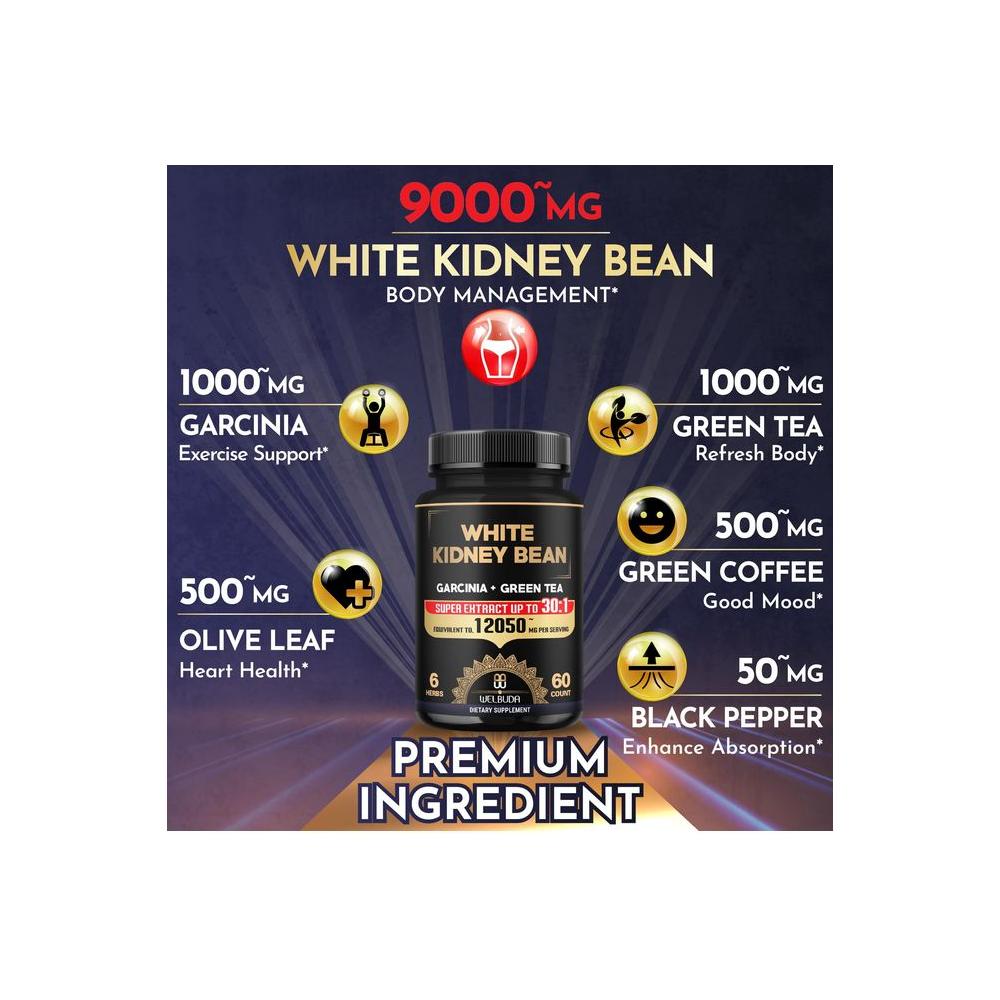 6in1 White Kidney Bean Extract 30:1 Capsules - 12050Mg 60 Counts 2 Months - with Garcinia Cambogia, Green Tea, Olive Leaf, Green Coffee Bean &amp; Black Pepper - Body Health, Strength &amp; Immune Support - Whlsome - Olive Oil