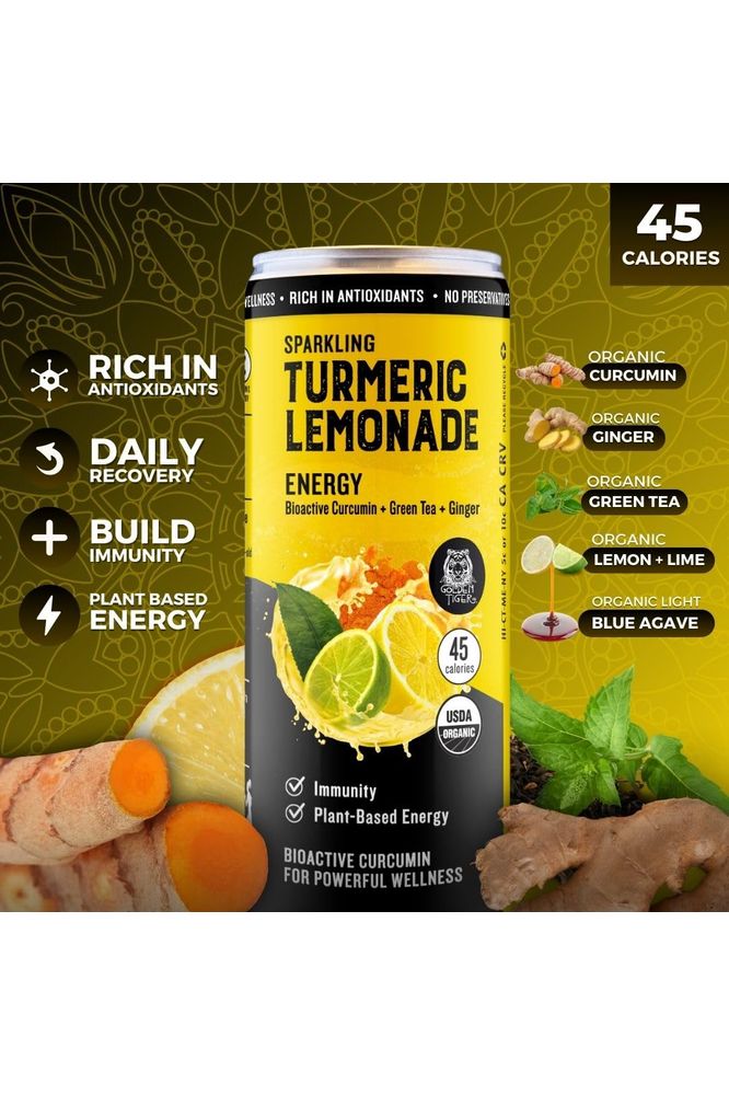 Golden Tiger  Organic Sparkling Turmeric Lemonade  Energy  Plant Based Energy and Recovery Support  Bio Active Curcumin  Green Tea  Ginger  12 Cans  ReEnergize with Plant Based Energy