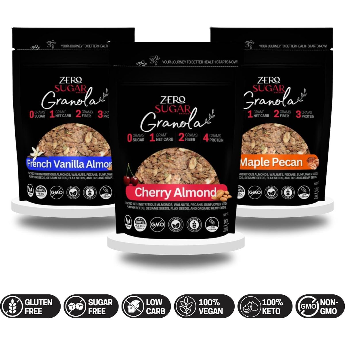 Zero Sugar Granola  VARIETY PACK  New Version  SugarFree Cereal Granola Keto Vegan Low Carb GlutenFree Low Sodium Healthy Snacks for Adults Kids Diabetics Paleo DairyFree and PlantBased Diet 3Pack