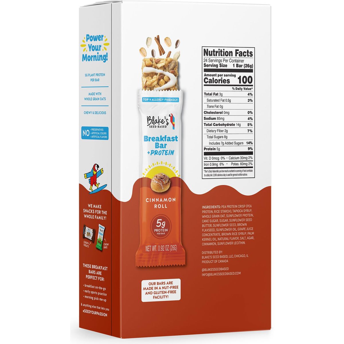 Blakes Seed Based Breakfast Bars with Protein  Cinnamon Roll 24 Count 5g Clean PlantBased Protein Gluten Free Nut Free Dairy Free  Vegan Healthy Snacks for Kids or Adults School Safe