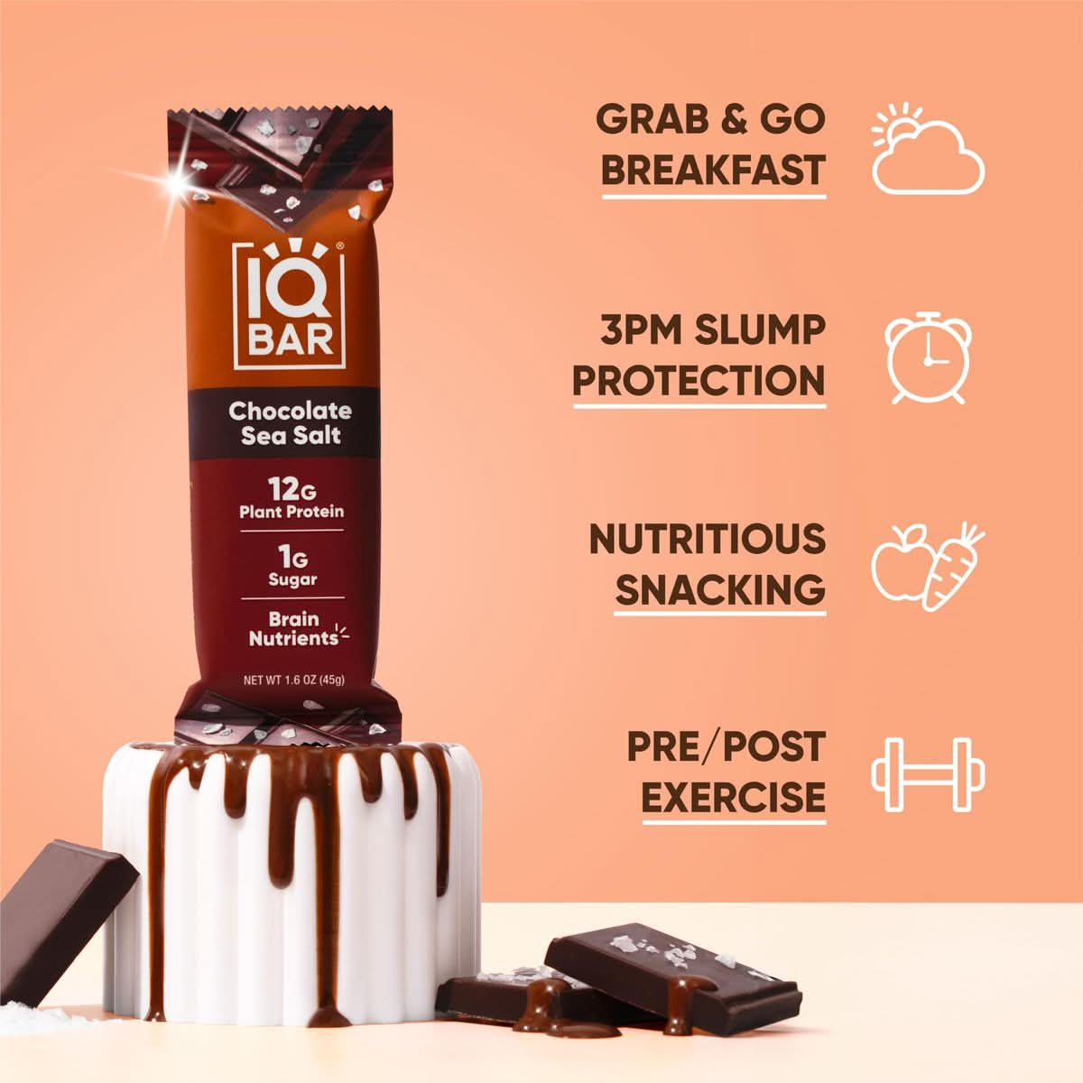 IQBAR Brain and Body Protein Bars  Chocolate Sea Salt Keto Bars  4 Count Energy Bars  Vegan Snack