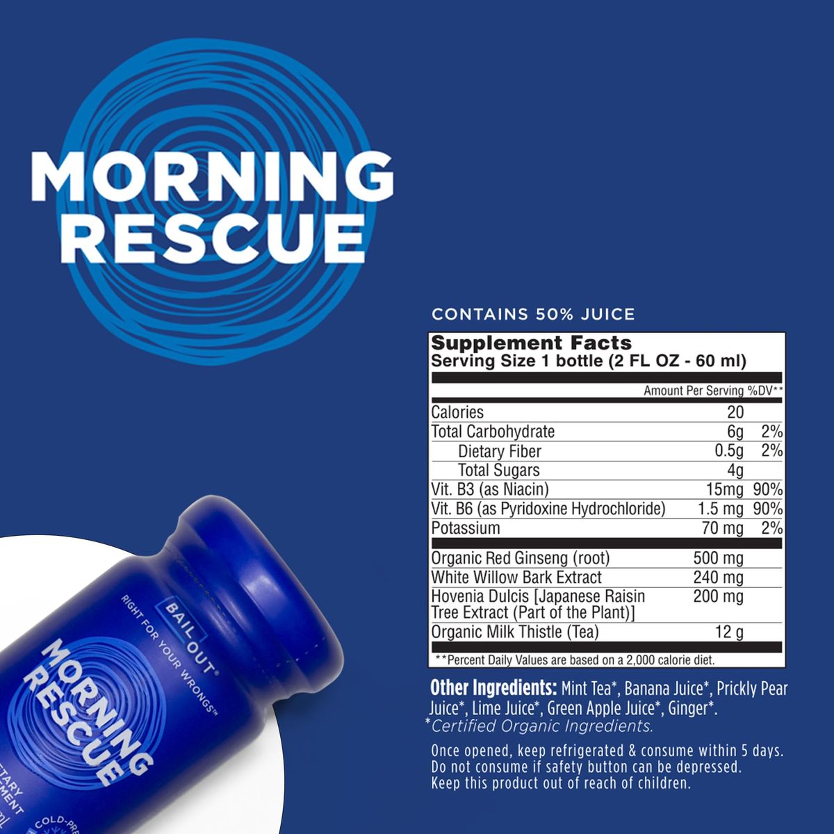 Bailout Wellness  Morning Rescue Liquid Hydrating Drink 2 Fluid Ounces Pack of 12