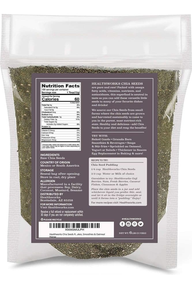 Healthworks Chia Seeds Raw (96 Ounce / 6 Pounds) | Premium &amp; All-Natural | Contains Omega 3, Fiber &amp; Protein | Great with Shakes, Smoothies &amp; Oatmeal | Packaging May Vary