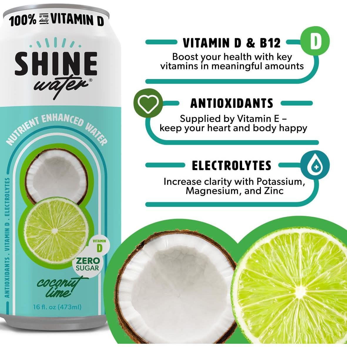 ShineWater Vitamin D Hydration Electrolyte Drink Coconut Lime 12 Pack Sugar Free Naturally Flavored Water Magnesium Zinc Vitamin B12 Folic Acid Plant Based Antioxidants Low Calorie