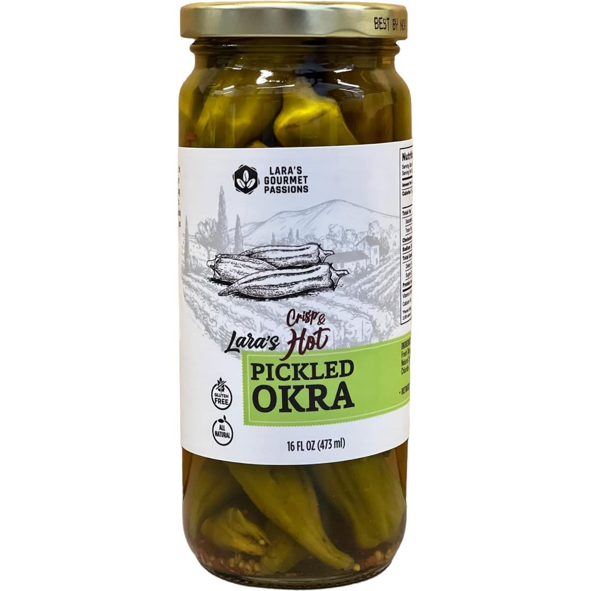 Laras Crisp and Hot Pickled Okra  Pack of 1 16 fl oz  Zesty Southern Style Spicy Okra Ideal for Charcuterie Boards Gourmet Snacks and Cocktails  GlutenFree AllNatural VeganFriendly