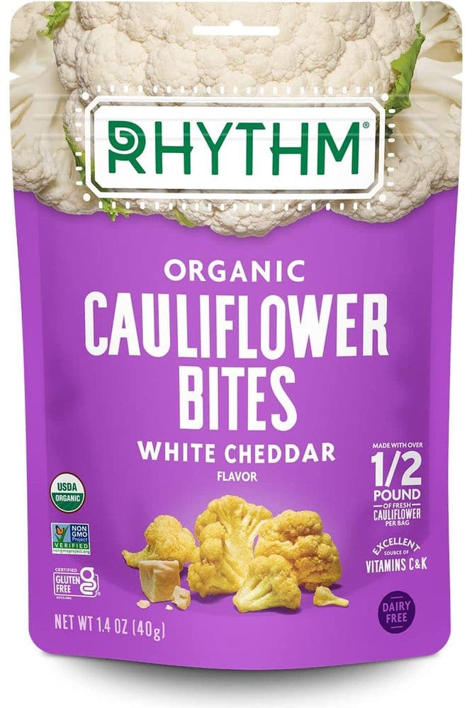 Rhythm Superfoods Crunchy Cauliflower Bites, White Cheddar, Organic &amp; Non-GMO, 1.4 Oz, Vegan/Gluten-Free Vegetable Superfood Snacks