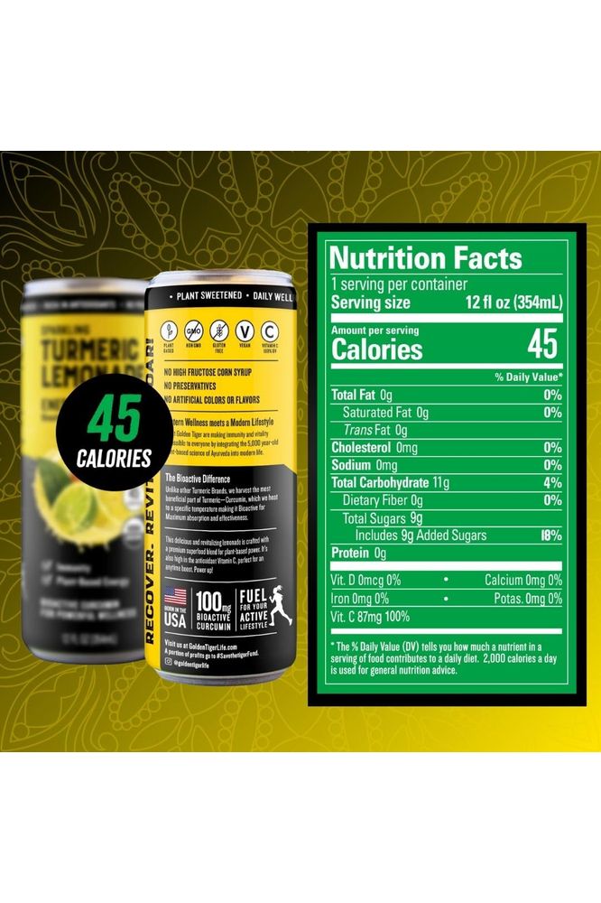 Golden Tiger  Organic Sparkling Turmeric Lemonade  Energy  Plant Based Energy and Recovery Support  Bio Active Curcumin  Green Tea  Ginger  12 Cans  ReEnergize with Plant Based Energy