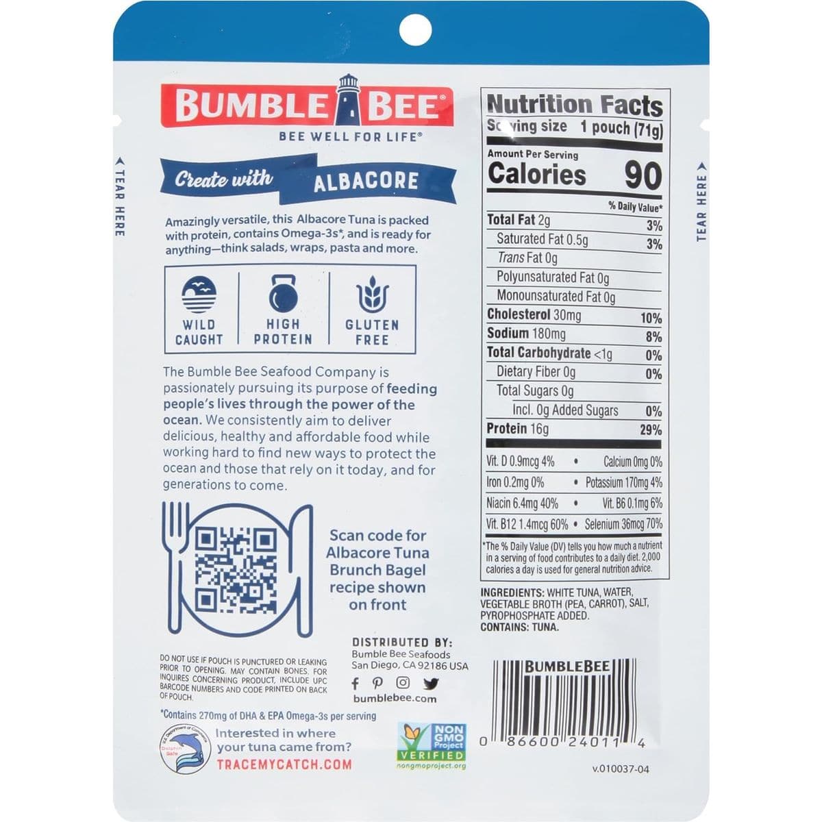 Bumble Bee Solid White Albacore Tuna in Water 25 oz Pouch Pack of 12  Wild Caught Tuna  16g Protein per Serving High in Omega3s  NonGMO Gluten Free Kosher  No Draining Required