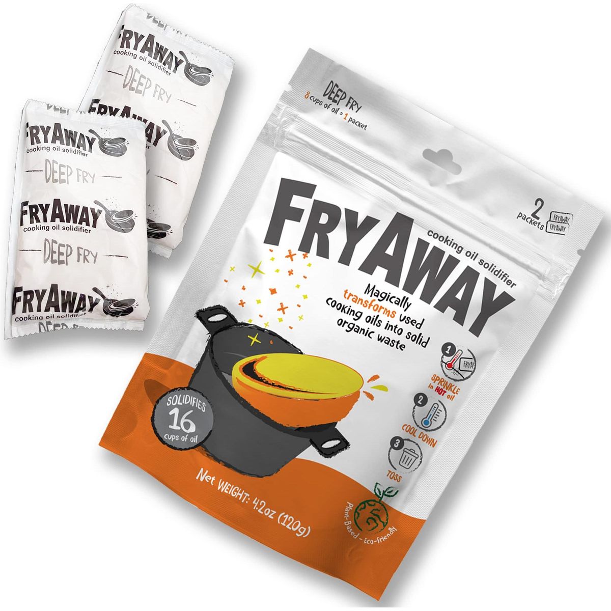 FryAway Deep Fry Cooking Oil Solidifier, Solidifies up to 16 Cups - Plant-Based Fry Away Powder, Hardener that Turns Used Oil to Hard Oil and Organic Waste - Easy to Use, Made in the USA