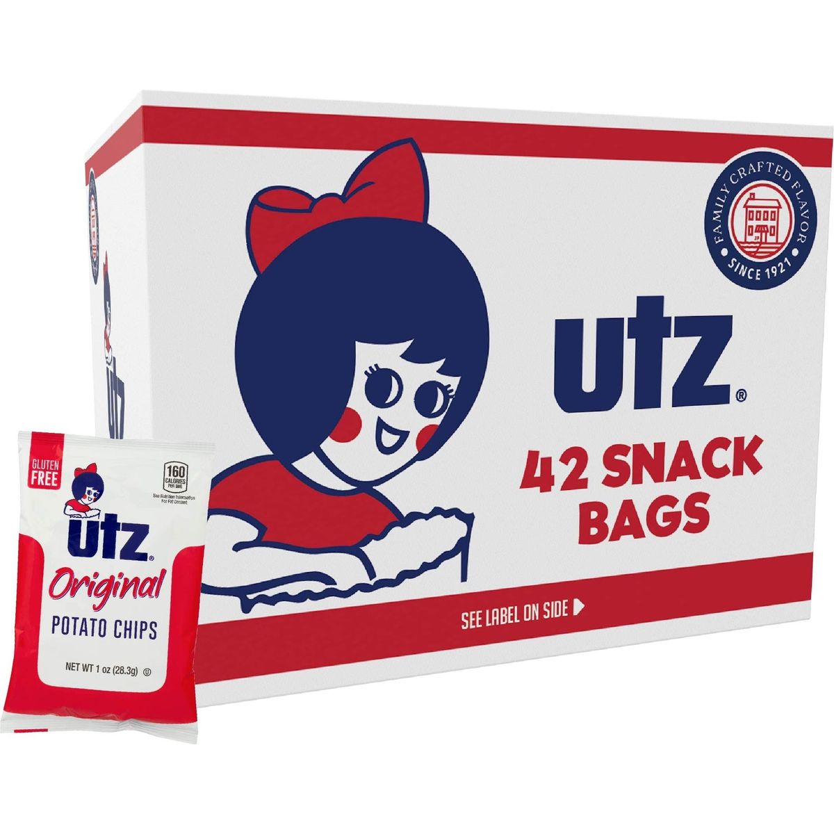 Utz Original 1 Oz Bags, 42 Count Crispy Potato Chips Made from Fresh Potatoes, Crunchy Individual Snacks to Go, Cholesterol Free, Trans-Fat Free, Gluten Free Snacks