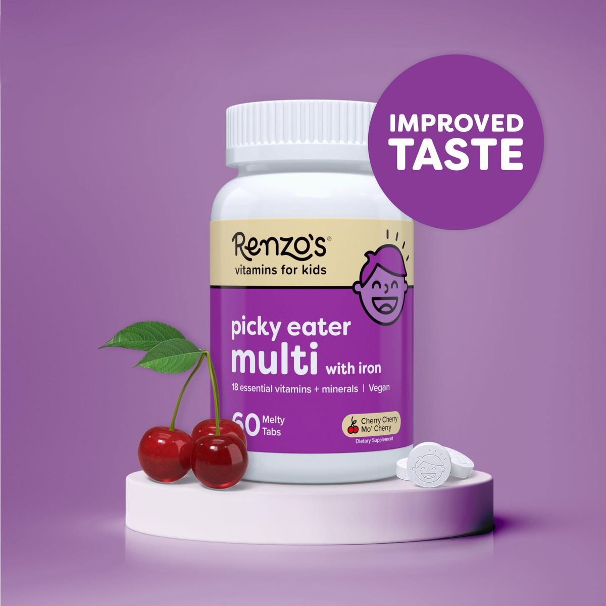 Renzo&#39;s Picky Eater Kids Multivitamin with Iron, Dissolvable Multivitamin for Kids, Sugar Free Cherry Flavored (60 Melty Tabs)