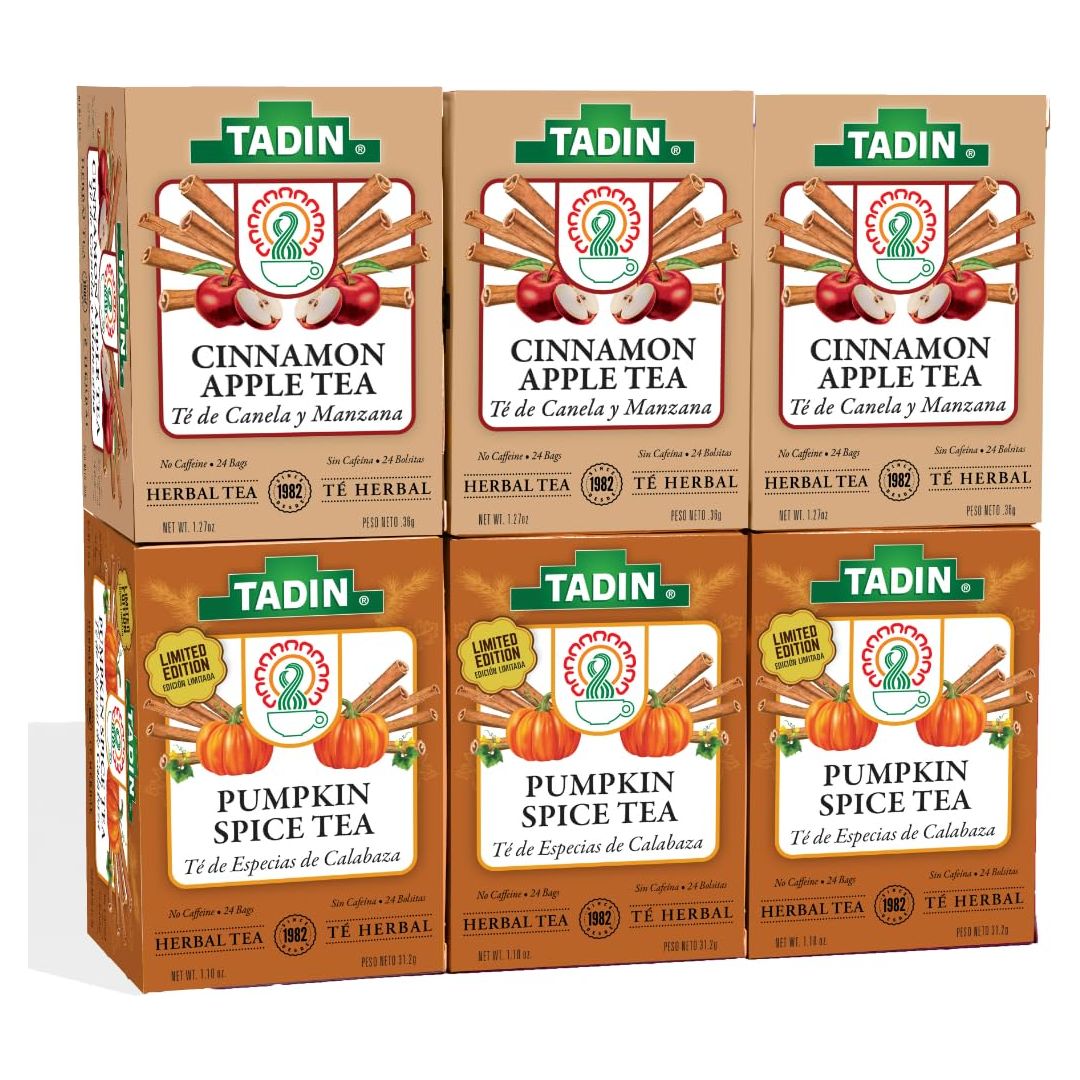 TADIN Cinnamon Apple Tea and Pumpkin Spice Tea Caffeine Free 24 Tea Bags per Carton Pack of 6