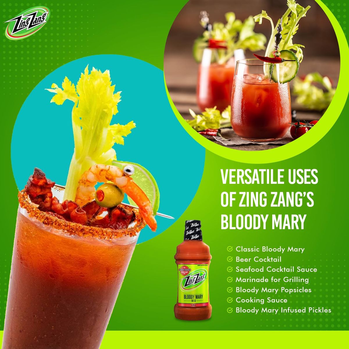 Zing Zang Bloody Mary Mix 175L  Pack of 3 Zesty and Spicy Premium Blend for Cocktails Ideal for Parties Events and Bar Ready to Use Bundled with Parkway Distributors Four Way Measuring Spoon