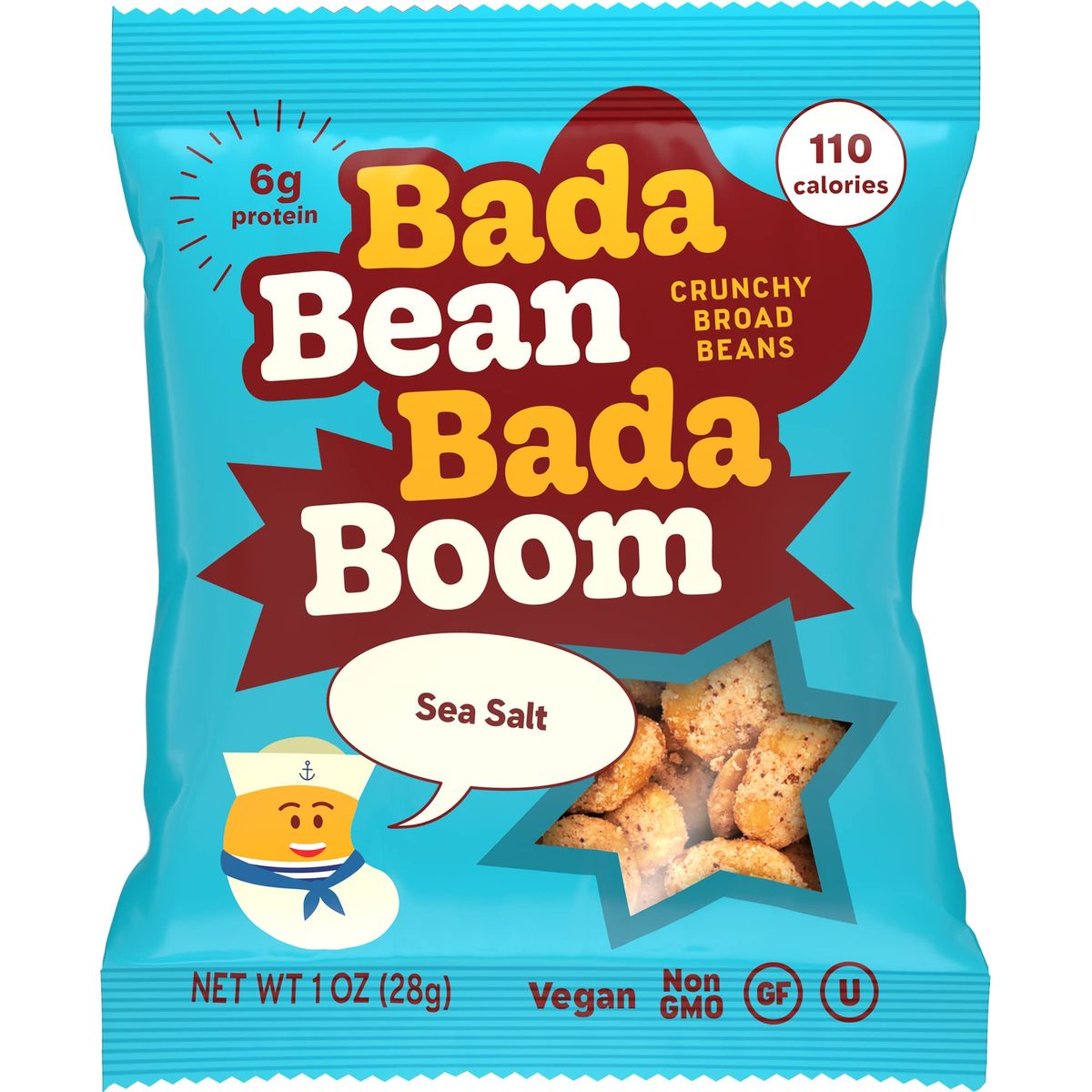 Enlightened Bada Bean Bada Boom  PlantBased Protein Gluten Free Vegan Crunchy Roasted Broad Fava Bean Snacks 100 Calories per Serving Sea Salt 1 oz Pack of 24