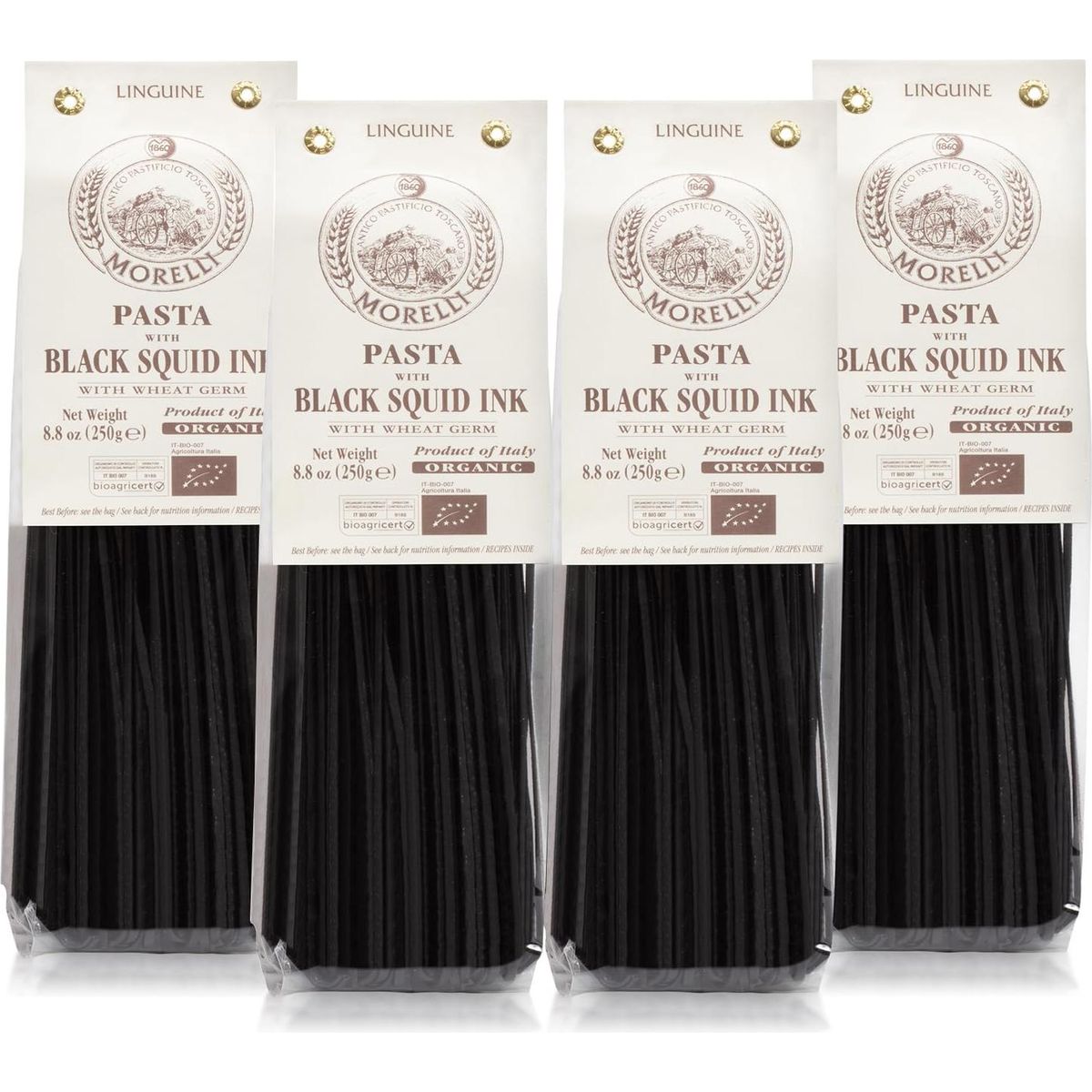 Morelli Squid Ink Pasta Linguine- Organic Italian Pasta - Black Pasta Noodles - Durum Wheat Semolina - Nero Di Seppia Made in Italy - 8.8oz / 250g (pack of 4)